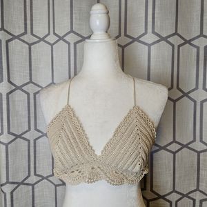 Crop top bikini hand-knitted in sand color size S/M 100% cotton